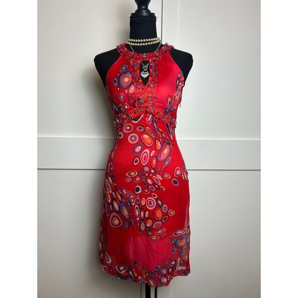 Y2K It Girl Sue Wong Nocturne Red Beaded Silk Cocktail Dress Size 0 McBling